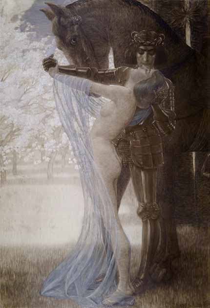 Knight and Lady, probably Sir Lancelot and Guinevere. 1902 painting by Wilhelm List (Public Domain)
