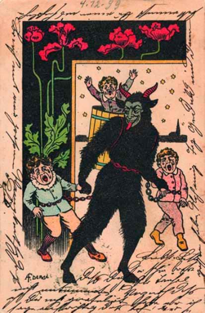 The Krampus of German-speaking folklore is a horned Christmas Devil who punishes misbehaving children. (Public domain)