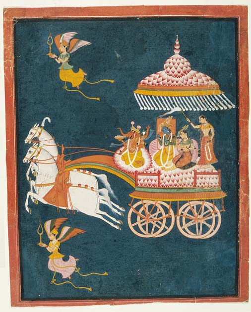 Krishna and Rukmini as Groom and Bride in a Celestial Chariot Driven by Ganesha, India, Rajasthan, Bundi, 1675-1700. (Los Angeles County Museum of Art)