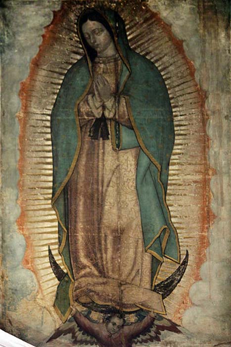 Original Picture of Our Lady of Guadalupe (also known as the Virgin of Guadalupe) shown in the Basilica of Our Lady of Guadalupe in México City. The Catholic Church considers the image of the Virgin of Guadalupe imprinted on the cloak of Juan Diego as a picture of supernatural origin.