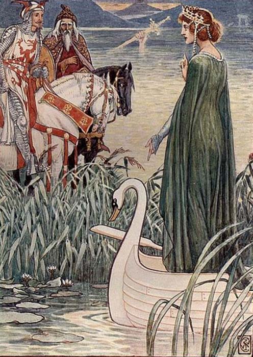 El rey Arturo pide a la dama del lago la espada Excalibur
