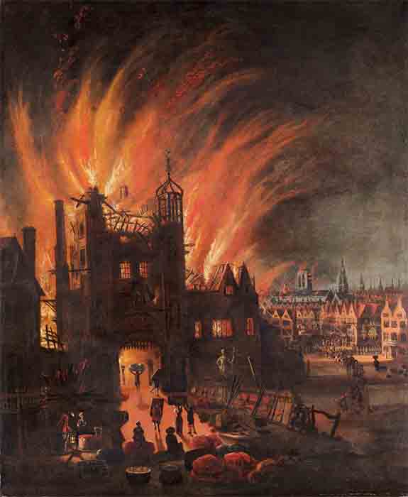 London’s Ludgate in flames with the square towers and spire of St Paul's Cathedral catching fire in the distance. Oil painting by anonymous artist, ca. 1670. Paul Mellon Collection in the Yale Center for British Art. (Public Domain)