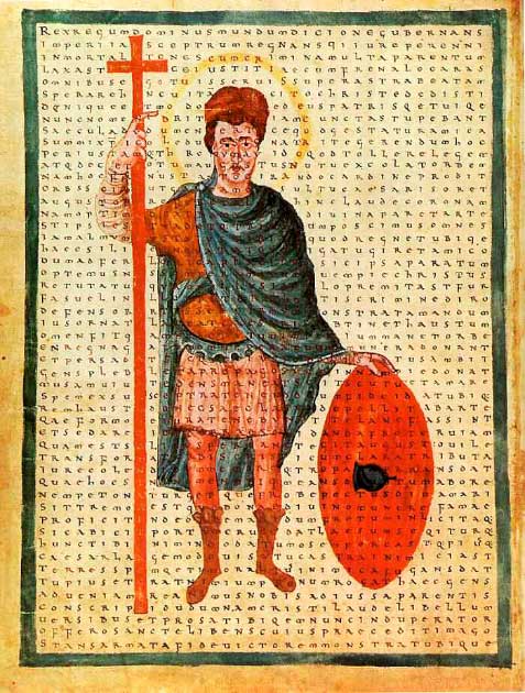 Louis the Pious, contemporary depiction from 826 as a miles Christi (soldier of Christ), with a poem of Rabanus Maurus overlaid (Public Domain)