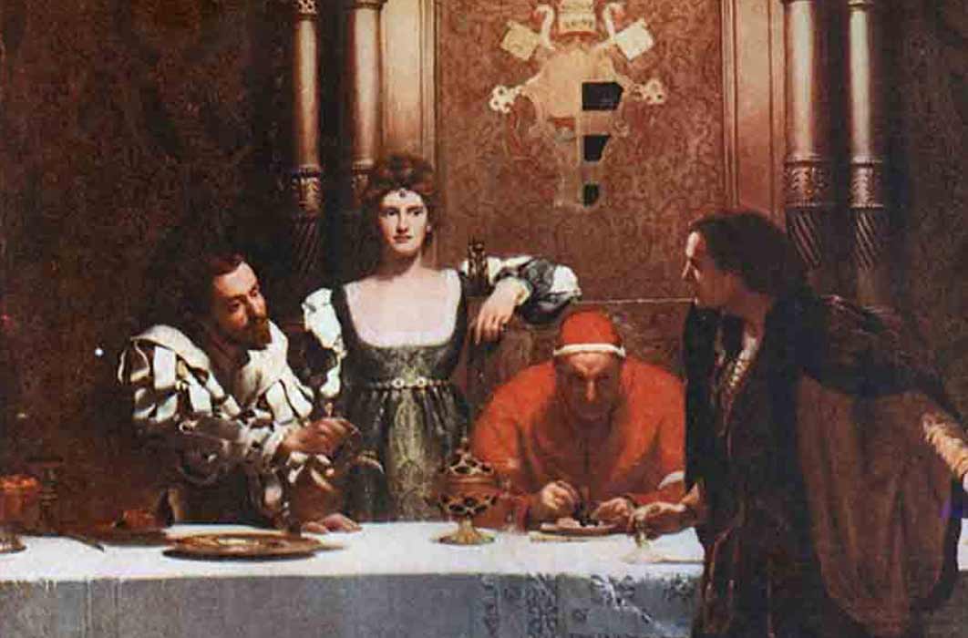 The House of Borgia is depicted here as “A glass of wine with Cesare Borgia,” a painting that clearly shows the wealth and power (church power) of this illustrious and infamous family. Photo source: John Collier /  Public domain