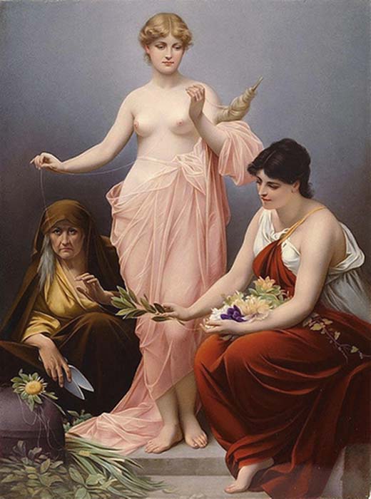Maiden, mother and crone: The Three Fates by Paul Thumann (19th century) (Public Domain)