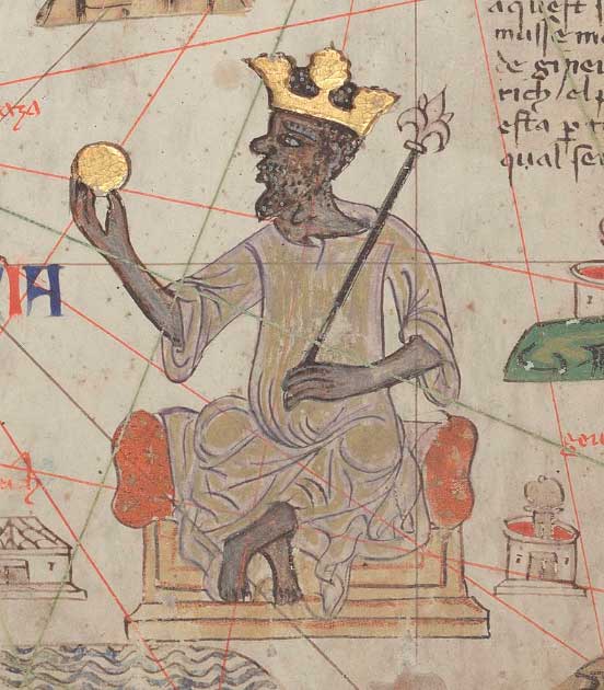 Mansa Musa representada sosteniendo una moneda de oro del Atlas catalán de 1375. (Dominio público)