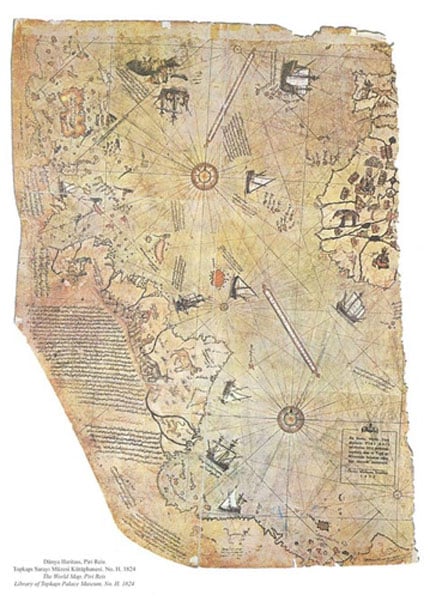 Map of the world by Ottoman admiral Piri Reis, drawn in 1513