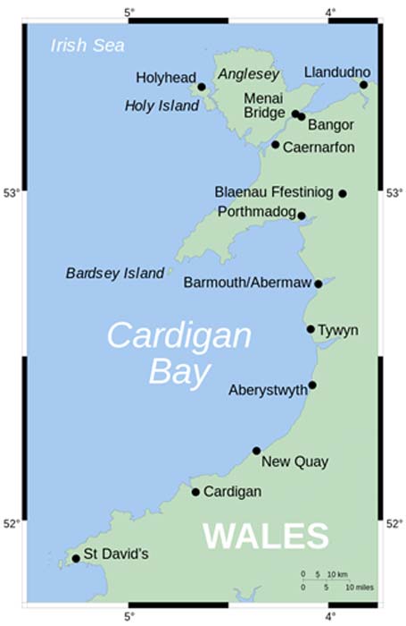 Map showing position of Cardigan Bay off Wales' west coast location of the sunken kingdom, Cantre'r Gwaelod. (Wereon / Public Domain)