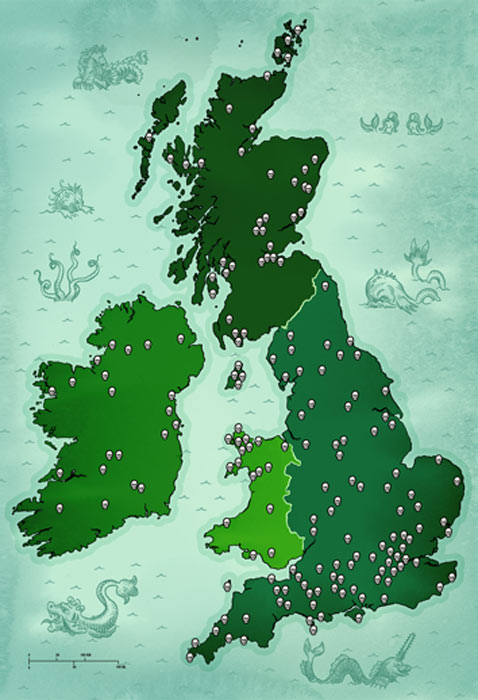 Mapa de la Isla Británica que muestra las zonas donde se desenterraron gigantes. Ilustración de Dan Lish. (Autor proporcionado)