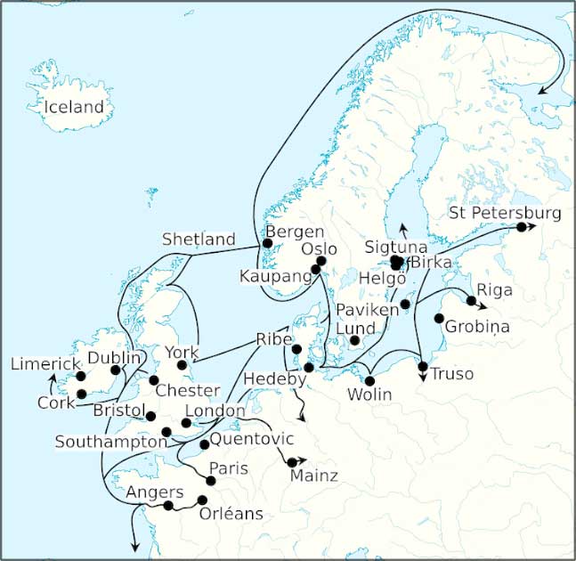 Mapa que muestra algunas de las rutas comerciales de la era vikinga (c. 790-1100 d. C.) que existían en el noroeste de Europa en ese momento, incluidos los centros comerciales de Hededy, Ribe, Birka y Kaupang. (Brianann MacAmhlaidh / CC BY-SA 4.0)