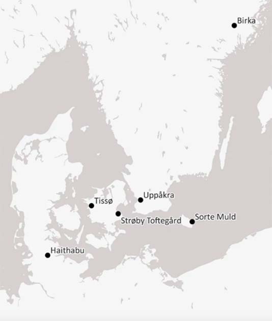 Map of the Viking sites where the Viking Age window glass fragments were discovered. (National Museum of Denmark)