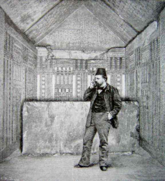 Maspero in the burial chamber of Unas' pyramid, which has lines of protective spells on the west gable, which are the only inscriptions on the walls surrounding the sarcophagus (Public Domain)