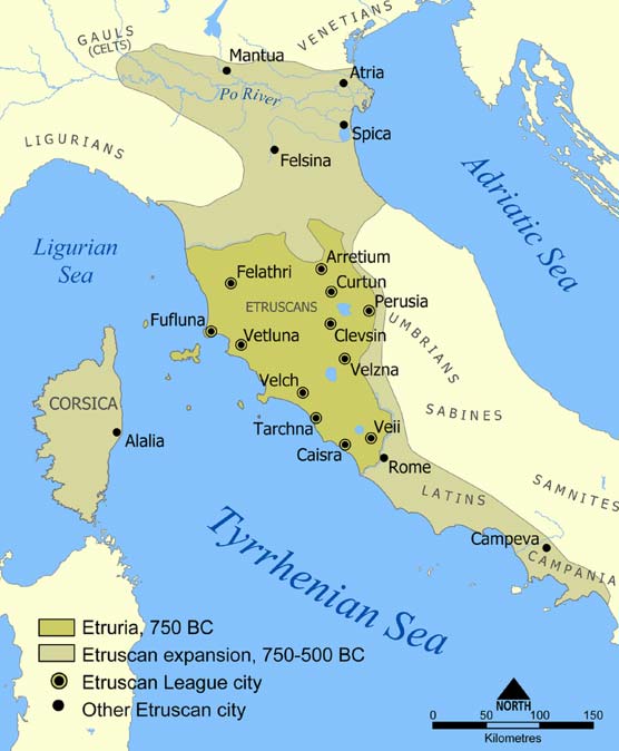 Maximum extent of the Etruscan civilization and the twelve Etruscan League cities. 