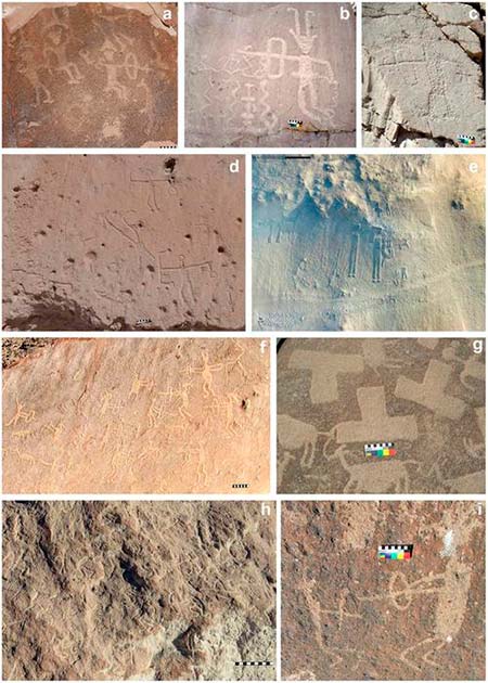 Motifs of warfare in rock art and geoglyphs from the Formative Period (a-c) and Late Intermediate Period in the Atacama Desert.  (Standen et al., 2023, PLoS ONE)