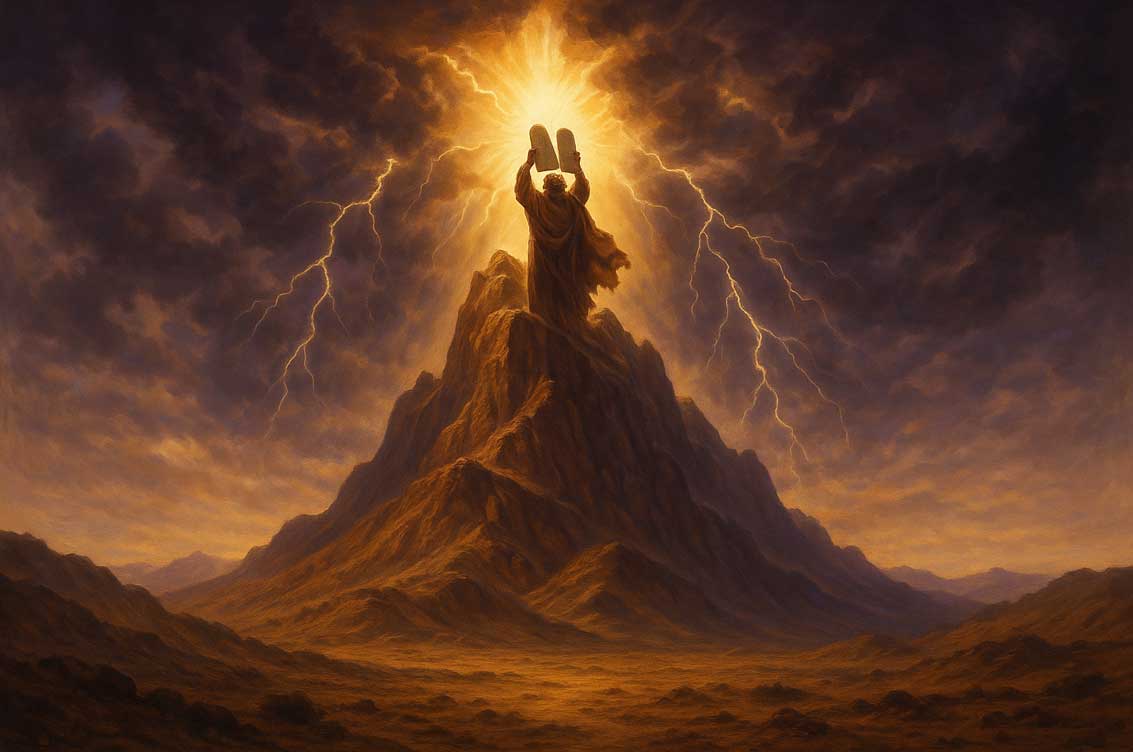 A dramatic biblical scene of Mount Sinai with Moses receiving the Ten Commandments. 