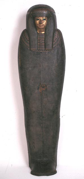 Mummy of Djedkhonsiufankh. The mummy, when acquired, was in a gilded cartonnage mummy-case and wooden coffin with a gilded face and inlaid glass (© The Trustees of the British Museum / CC BY NC-SA 4.0)