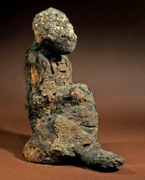 Momia de un joven babuino en posición sentada, envuelto en vendas de lino. Los vendajes faltan en varios lugares y revelan el pelaje debajo. Los vendajes supervivientes están incrustados con un depósito similar al suelo. Encontrado en el Templo de Khons, Karnak, Egipto. (Administradores del Museo Británico / CC by SA 4.0)