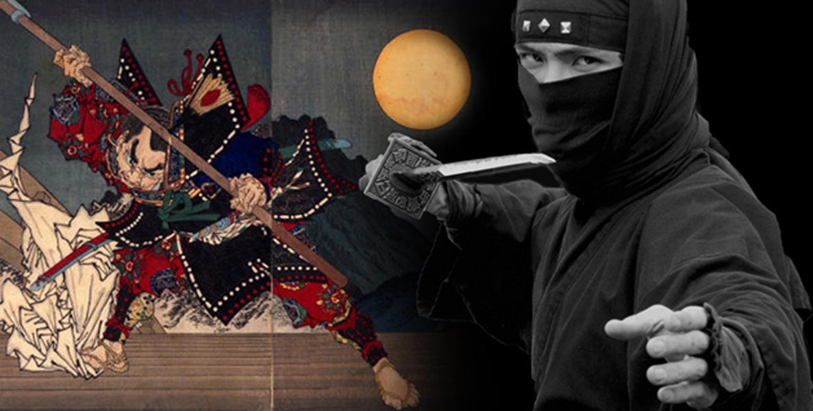 Deriv; popular image of a ninja and  Ushiwaka and Benkei duelling on Gojo Bridge, print from 1881.