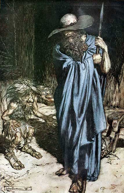 Odin in blue as the Wanderer, with Mime 