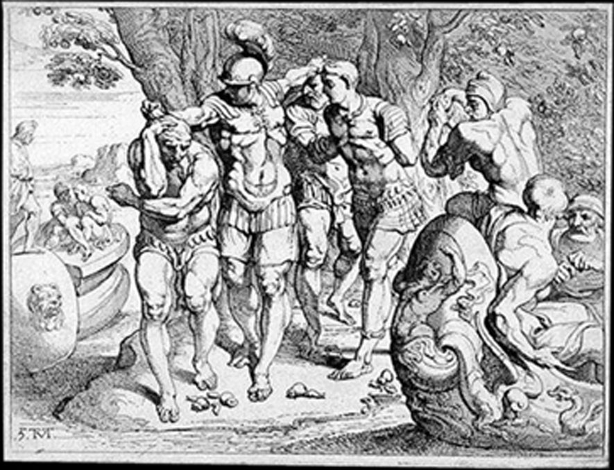Odysseus removing his men from the company of the lotus-eaters. Unknown engraving (Public Domain)
