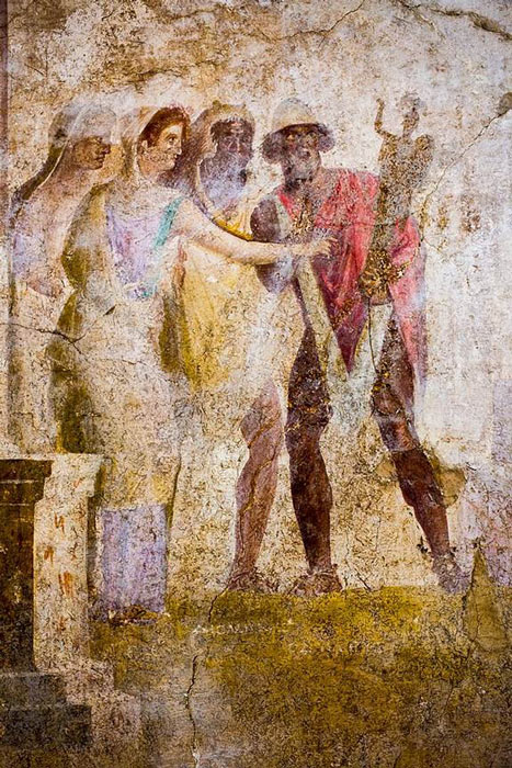 Odysseus (pileus hat) carrying off the palladion from Troy, with the help of Diomedes, against the resistance of Cassandra and other Trojans on an antique fresco from Pompeii. (ArchaiOptix / CC BY-SA 4.0)