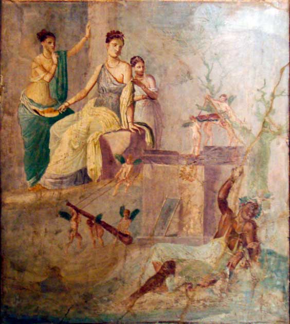 One version of the legend posits that Tyrrhenus was the son of Harcles and Omphale. Ancient Roman fresco from Pompeii, Italy of Omphale and a drunk Heracles. (Stefano Bolognini)