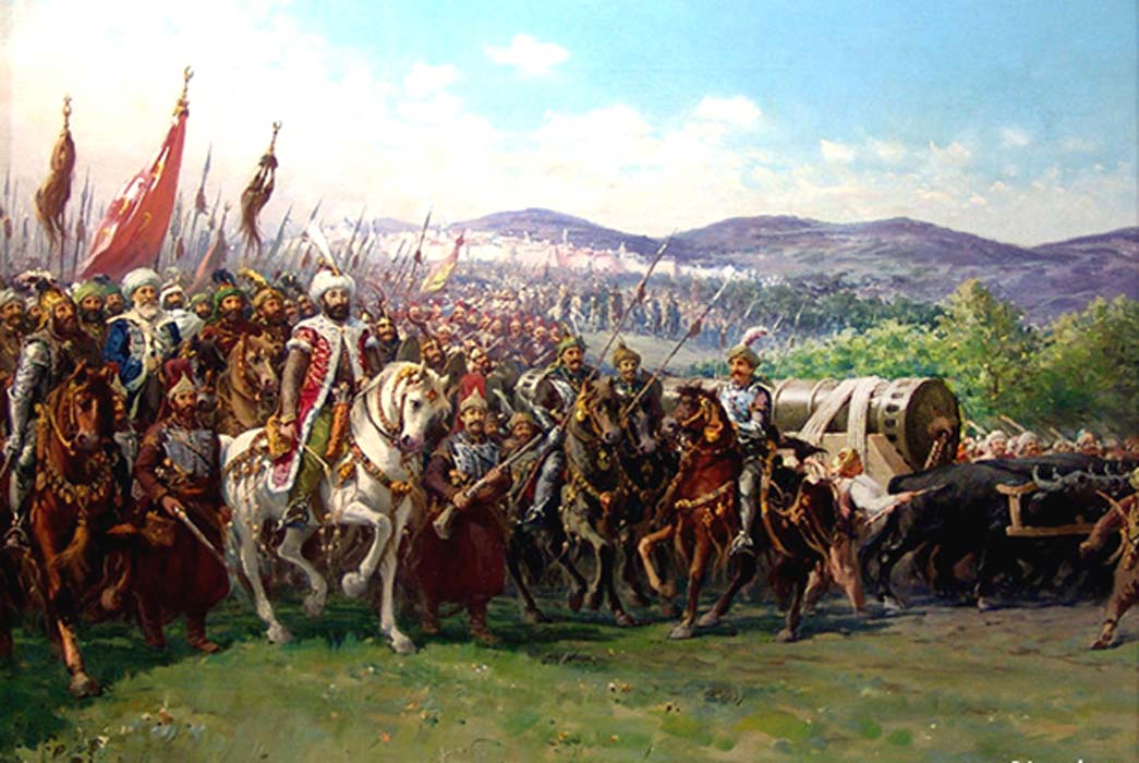 Modern painting of Mehmed and the Ottoman Army approaching Constantinople with a giant bombard, by Fausto Zonaro