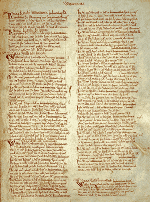 Page from the Domesday Book for Warwickshire, including listing of Birmingham. (Public Domain)