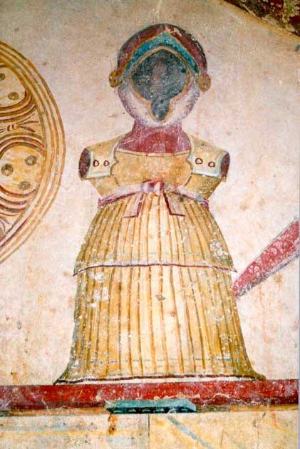 Pintura de una coraza (una pieza de armadura que consta de una coraza y una placa trasera unidas entre sí) en la pared frontal de la antecámara de la tumba de Lyson y Kallikles. (Pintores antiguos de Macedonia / Dominio público)