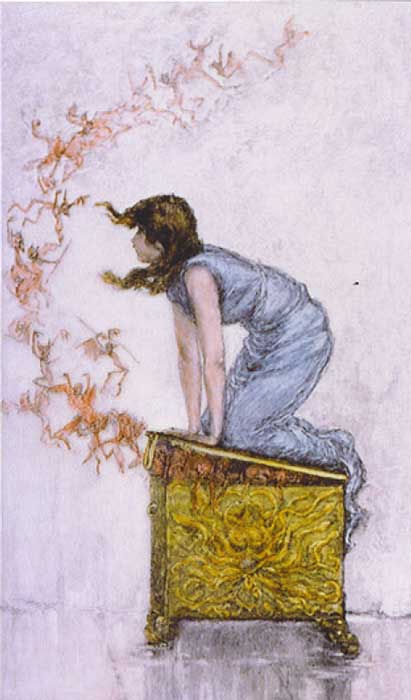 Pandora trying to close the box that she had opened out of curiosity. (Public Domain)