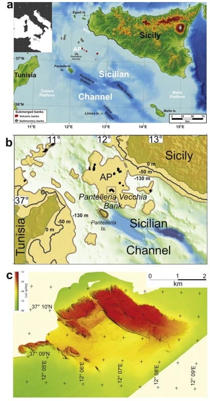 The area studied, the Pantelleria Vecchia Bank, is now undersea between Sicily and Tunisia. It had been a shallow area with an archipelago before 9,500 years ago.