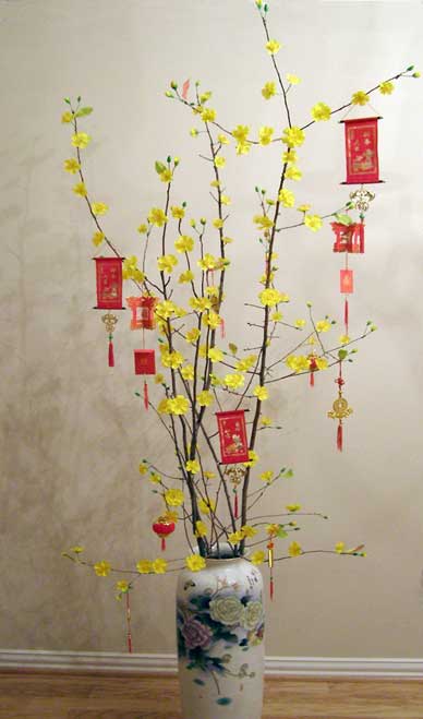 Paper hung in flowering branches for Vietnamese Lunar New Year 