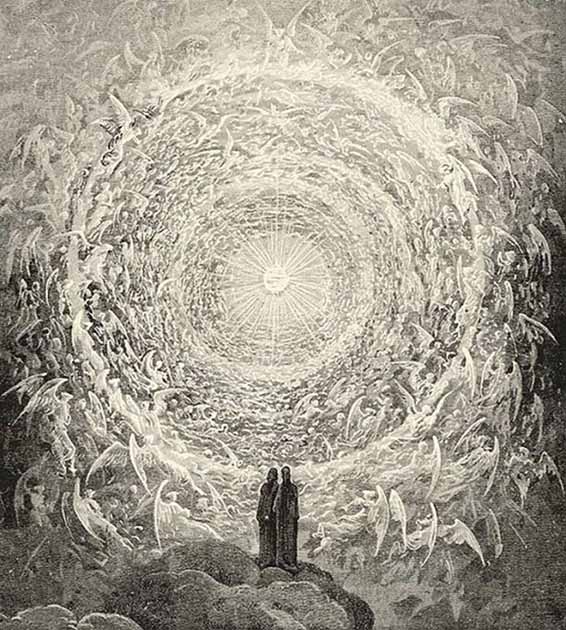 Dante’s Paradise as depicted by Gustave Dore. Dante and Beatrice gaze upon the highest Heaven, The Empyrean. (Public Domain)