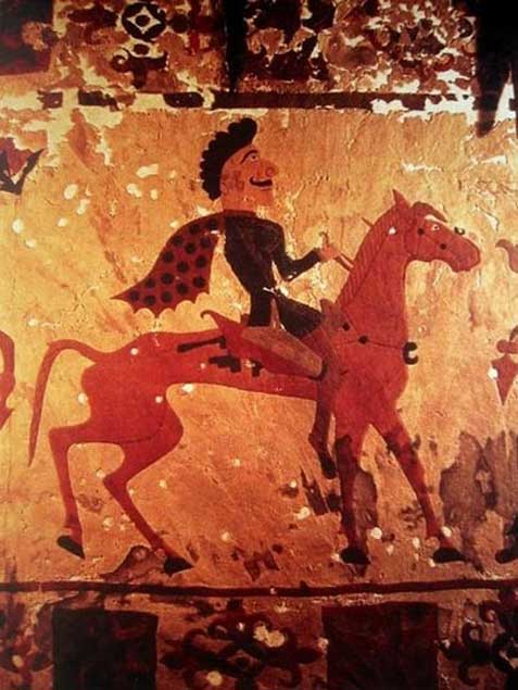 Pazyryk horseman. Circa 300 BCE. Detail from a carpet in the State Hermitage Museum in St Petersburg. (public domain)