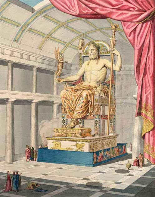 La estatua de Zeus de Fidias en Olimpia, con Nike de pie en su mano derecha. Rendido artísticamente por Quatremère de Quincy (1815). (Dominio publico)