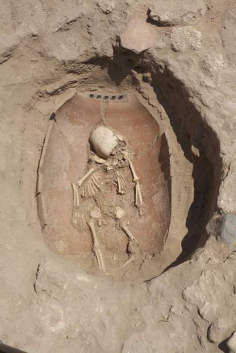 Photograph of infant burial at the Philistine Cemetery at Ashkelon. Photographer: Ilan Sztulman. Courtesy Leon Levy Expedition to Ashkelon