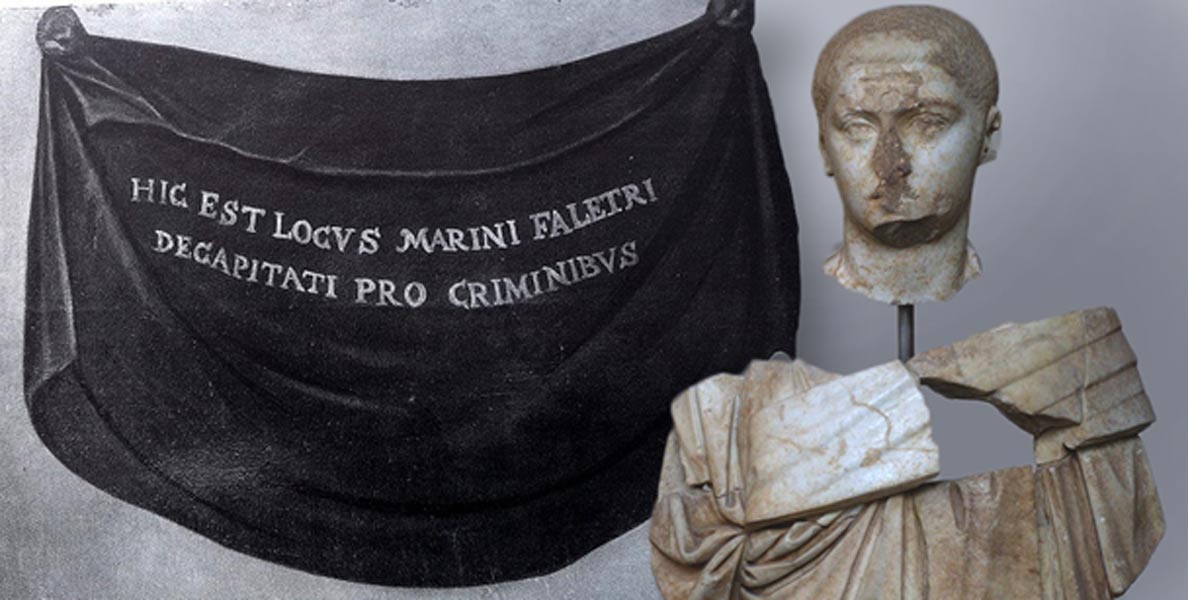 Deriv; Defaced bust of Alexander Severus. The head and bust were mutilated during Antiquity, the memory of the outlawed emperor was to be extinguished and portrait of Marino Faliero, Doge of Venice, painted over, as he was condemned to damnatio memoriae.