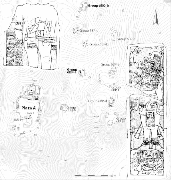 Plaza A de Tamarindito y sus alrededores.  Recuadros: (arriba a la izquierda), Estela 5 (abajo a la derecha), Estela 3. (Eberl, M., Gronemeyer, S. & CM Vela González/Latin American Antiquity/CC BY 4.0)