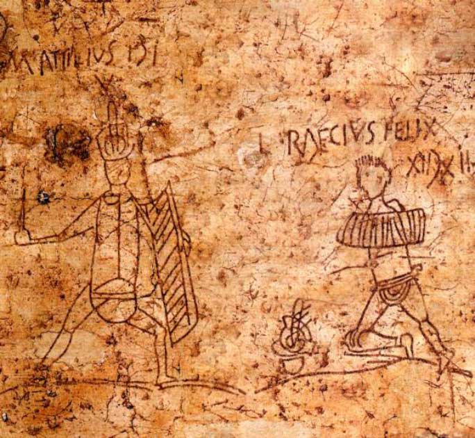 Pompeiian graffiti - two thraeces, M. Attilius and L. Raecius Felix (Public domain)