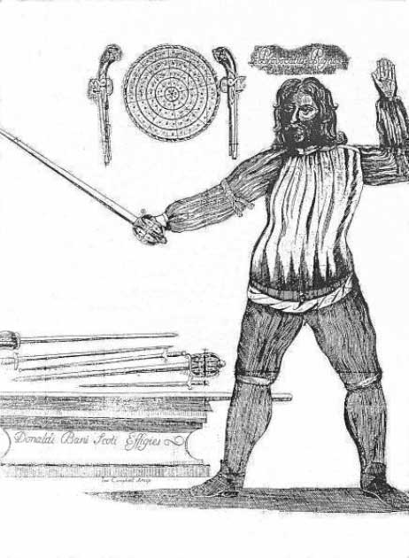 Portrait of Donald McBane, a Scottish fencing master, from Donald McBane's The Expert Swordsman's Companion, 1728. (Public Domain)