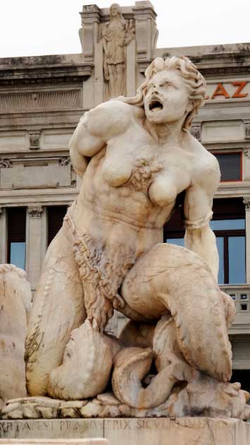 In some versions, Charybdis was a daughter of Poseidon, chained to the seabed by Zeus. The Neptune Fountain in Messina depicts the sea monster this way. (Xxlstier / CC BY 4.0)