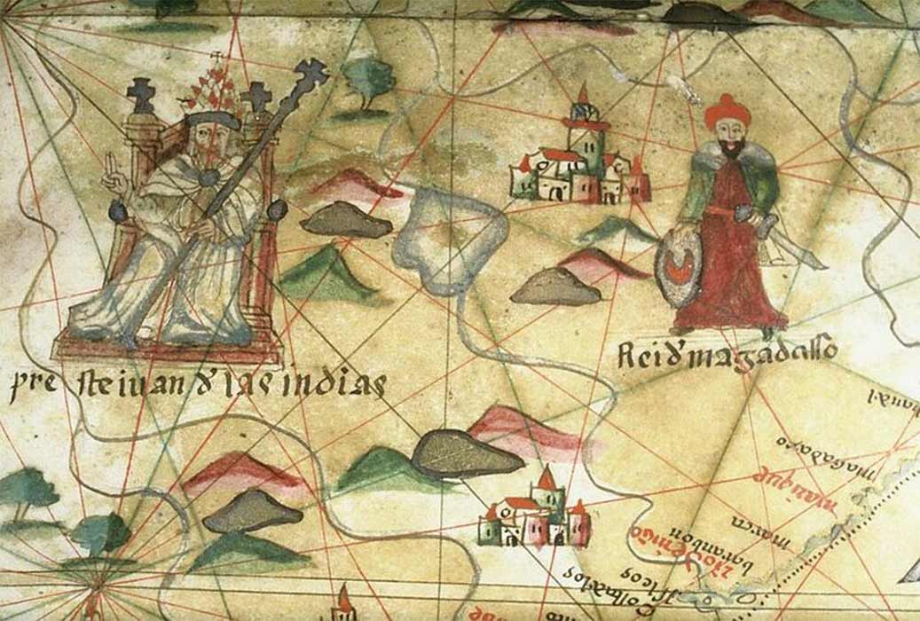 "Preste Iuan de las Indias" (Prester John of the Indies) positioned in East Africa on a 16th-century Spanish Portolan chart ( The Bodleian Libraries, Oxford/ CC BY-SA 4.0)