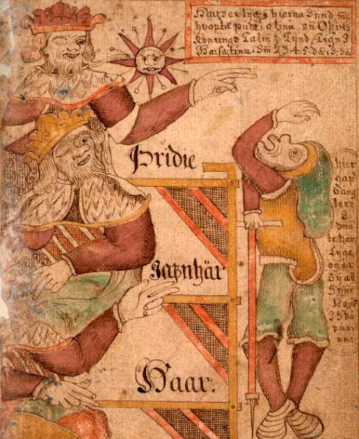 In the Prose Edda, Gylfi, King of Sweden before the arrival of the Aesir under Odin, travels to Asgard, questions the three officials shown in the illumination concerning the Aesir, and is fooled (18th-century Icelandic manuscript / Public Domain)
