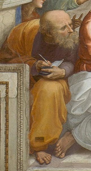 Detail of Raphael's painting The School of Athens, 1510–1511. This could be a representation of Anaximander leaning towards Pythagoras on his left. 