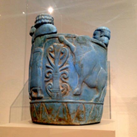 Pyxis made out of Egyptian blue from 750-700 BC. Shown at Altes Museum in Berlin. 