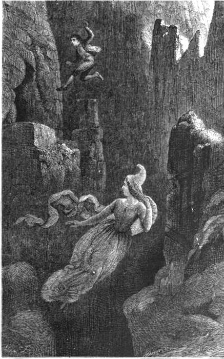 Un grabado que muestra a un hombre saltando detrás de una mujer (un elfo) por un precipicio. Es una ilustración de la leyenda islandesa de Hildur, la reina de los elfos.