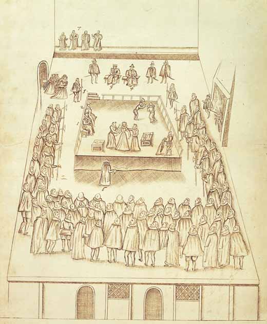 La escena de la ejecución de María, Reina de Escocia, dibujada por el testigo presencial Robert Beale. (Robert Beale (1541-1601), Secretario del Consejo Privado de la reina Isabel I / Dominio público)