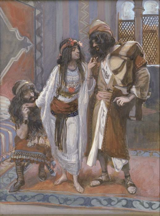 Rahab (center) in James Tissot's The Harlot of Jericho and the Two Spies. Between circa 1896 and circa 1902 