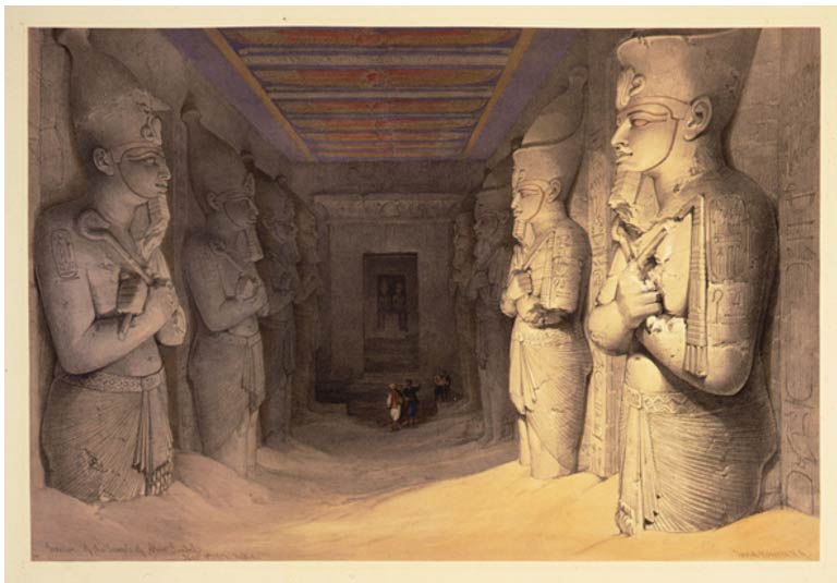 Statues of Ramesses II as Osiris inside the temple of Abu Simbel, Egypt. Colored lithograph by Louis Haghe after David Roberts, 1849 CE. Royal Academy of Arts 