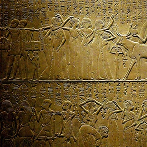 Relief of a funeral procession from the tomb of Merymery, who was the Custodian of the Treasury of Memphis, shows women mourners, shaven-headed priests and workers carrying burial goods to the tomb. The fourth figure (from left) in the lower register is a sem priest wearing the leopard-skin robe. Rijksmuseum van Oudheden, Leiden. (Photo: Rob Koopman / CC by SA 2.0)